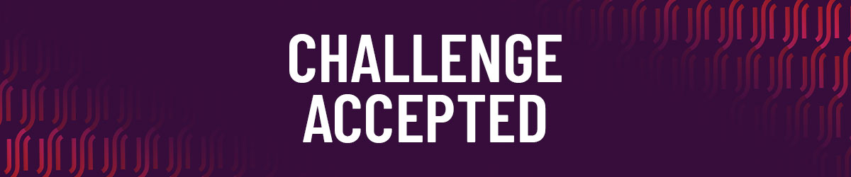 Challenge Accepted on a purple background with the JSR mark faded into opposite corners