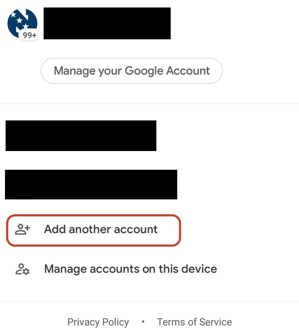 Screenshot of Gmail account menu showing Manage your Google Account button and Add another account option highlighted with a red box