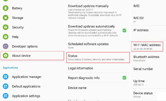 Screenshot of Android Settings showing About device menu with Status option, displaying Wi-Fi MAC address and Bluetooth address fields