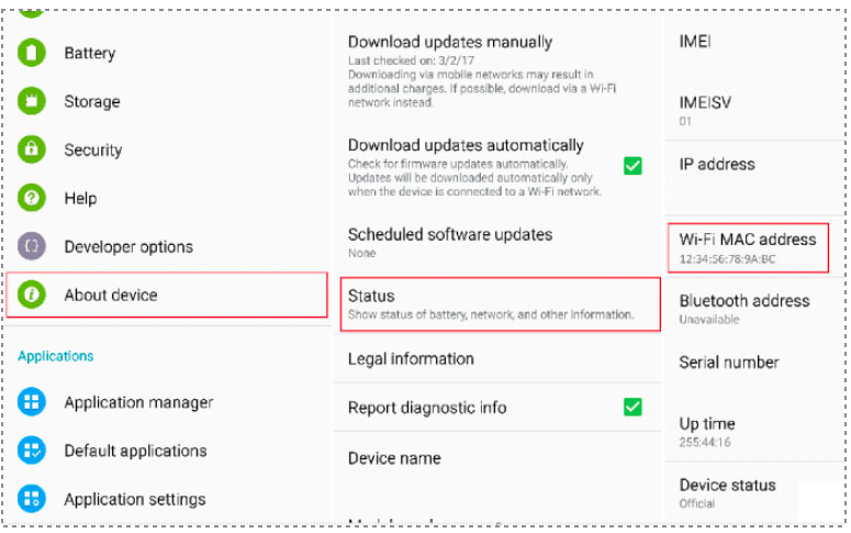 Screenshot of Android Settings showing About device menu with Status option, displaying Wi-Fi MAC address and Bluetooth address fields