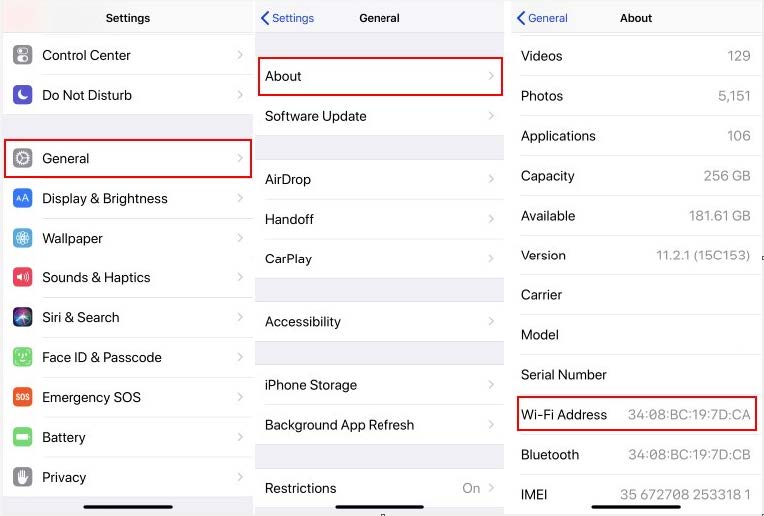 Screenshot of iPhone Settings showing General menu with About option, displaying Wi-Fi Address field