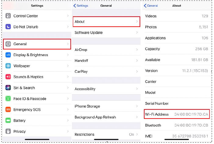 Screenshot of iPhone Settings showing General menu with About option, displaying Wi-Fi Address field