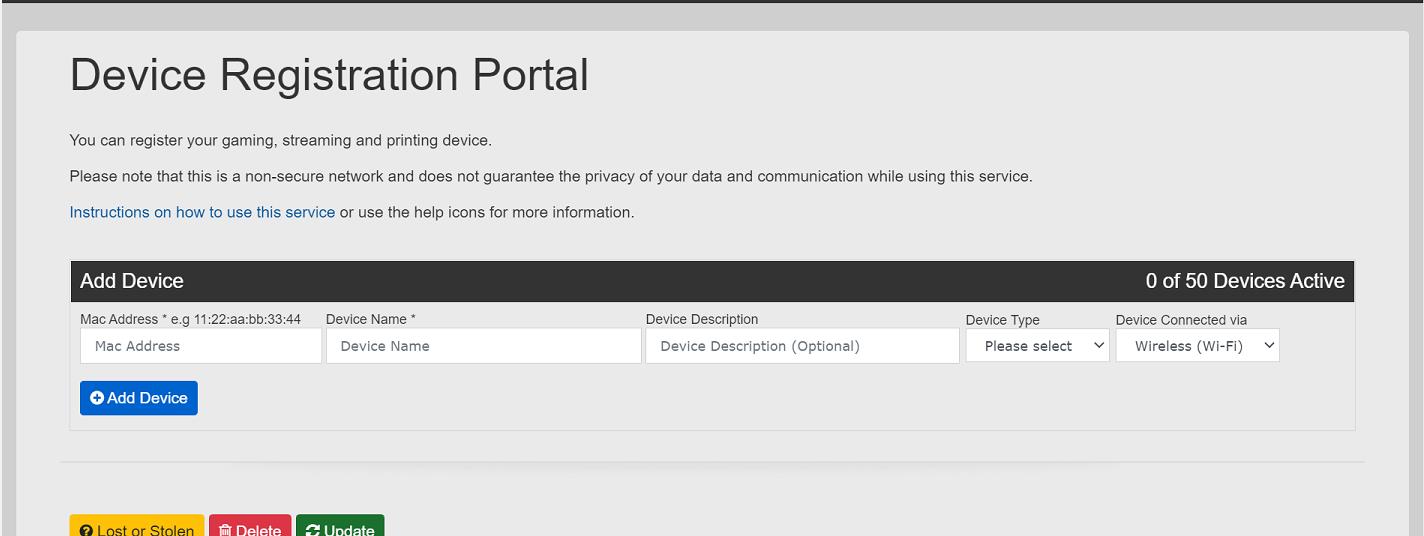 Screenshot of Device Registration Portal Add Device section showing empty form fields for MAC Address, Device Name, Device Description, Device Type dropdown, and Device Connected via dropdown