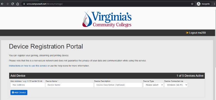 Screenshot of Device Registration Portal showing Add Device section with fields for MAC Address, Device Name, Device Description, Device Type, and Device Connected via