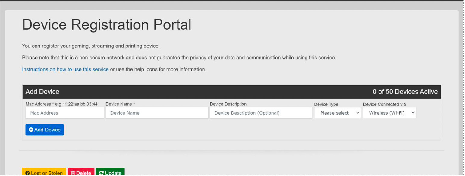 Screenshot of Device Registration Portal Add Device section showing empty form fields for MAC Address, Device Name, Device Description, Device Type dropdown, and Device Connected via dropdown