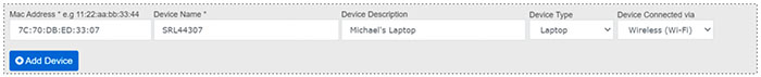 Screenshot of completed device registration form showing MAC Address 7C:70:DB:ED:33:07, Device Name SRL44307, Device Description Michael's Laptop, Device Type Laptop, Device Connected via Wireless Wi-Fi