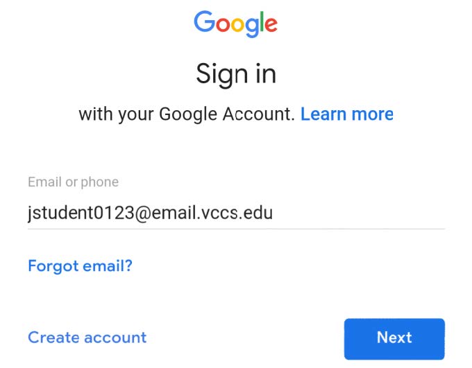 Screenshot of Google Sign in screen with text field showing jstudent0123@email.vccs.edu, with Forgot email and Create account links, and blue Next button