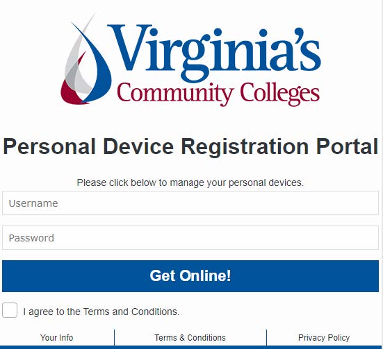 Screenshot of Virginia's Community Colleges Personal Device Registration Portal showing username and password fields with Get Online button and Terms and Conditions checkbox
