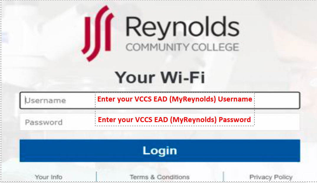 Screenshot of Reynolds Community College Your WiFi portal showing username and password fields with Login button