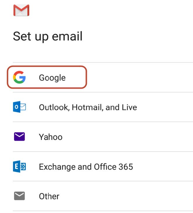 Screenshot of Set up email screen showing email service options including Google highlighted with red box, Outlook Hotmail and Live, Yahoo, Exchange and Office 365, and Other