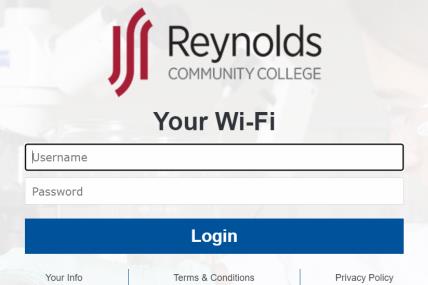 Screenshot of Reynolds Community College Your WiFi portal showing username and password fields with Login button