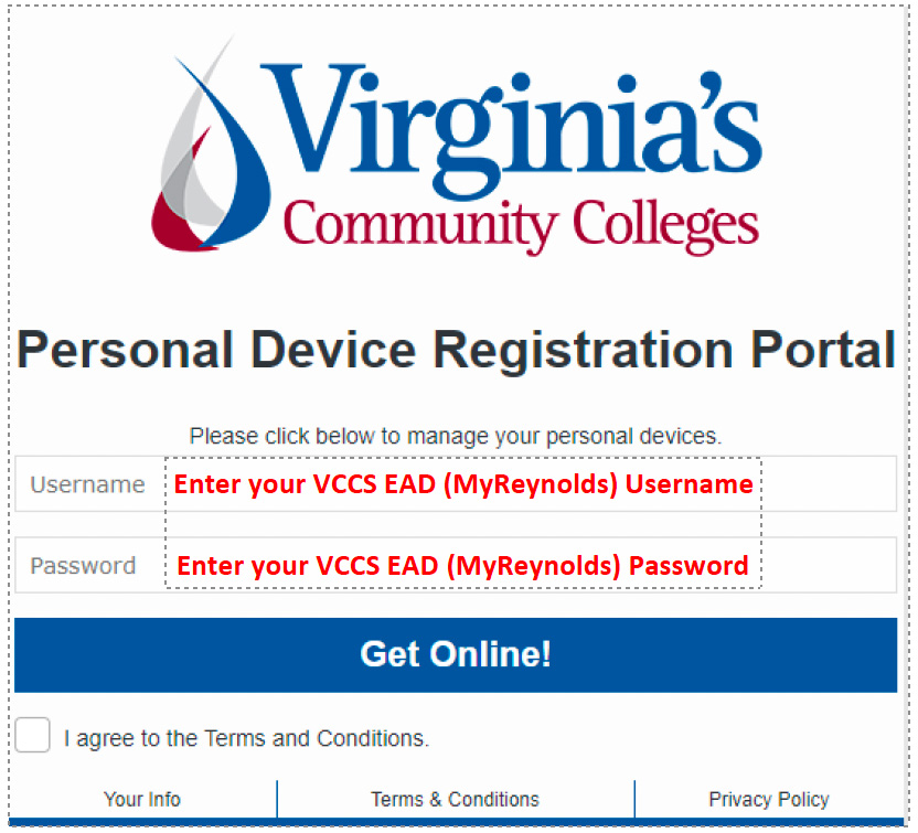 Screenshot of Virginia's Community Colleges Personal Device Registration Portal showing username and password fields with Get Online button and Terms and Conditions checkbox