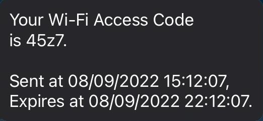 Screenshot showing example text message with WiFi Access Code 4527, sent at 08/09/2022 15:12:07, expiring at 08/09/2022 22:12:07