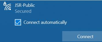 Screenshot of JSR-Public wireless network connection dialog showing Secured status and Connect automatically checkbox with a blue Connect button