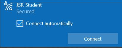 Screenshot of JSR-Student wireless network connection dialog showing Secured status and Connect automatically checkbox with a blue Connect button