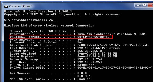 Screenshot of Windows Command Prompt showing ipconfig /all command output with Physical Address field highlighted showing MAC address 68-5D-43-66-6B-0C