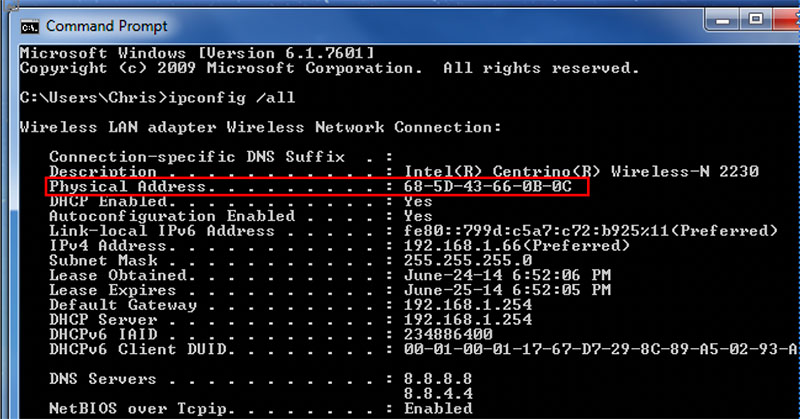 Screenshot of Windows Command Prompt showing ipconfig /all command output with Physical Address field highlighted showing MAC address 68-5D-43-66-6B-0C