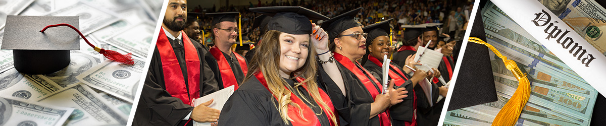 Graduates in caps and gowns celebrating at commencement, shown alongside money and a diploma, representing scholarship opportunities for higher education.