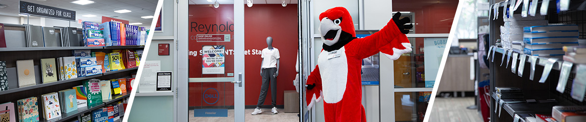 College bookstore collage showing textbooks, store entrance, school mascot, and supplies