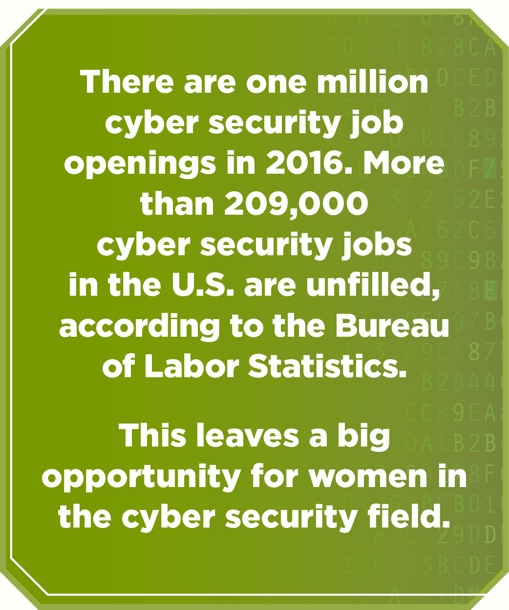There are one million cyber security job  openings in 2016. More than 209,000  cyber security jobs in the U.S. are unfilled,  according to the Bureau of Labor Statistics. 