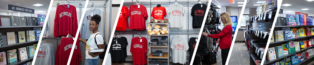 Reynolds Campus Store with students browsing branded apparel, hats, and school supplies on display shelves.