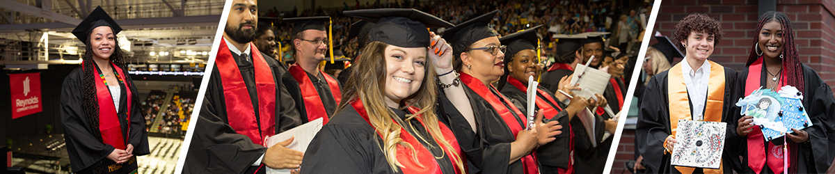 College graduates celebrating at commencement ceremony wearing caps, gowns, and colorful stoles