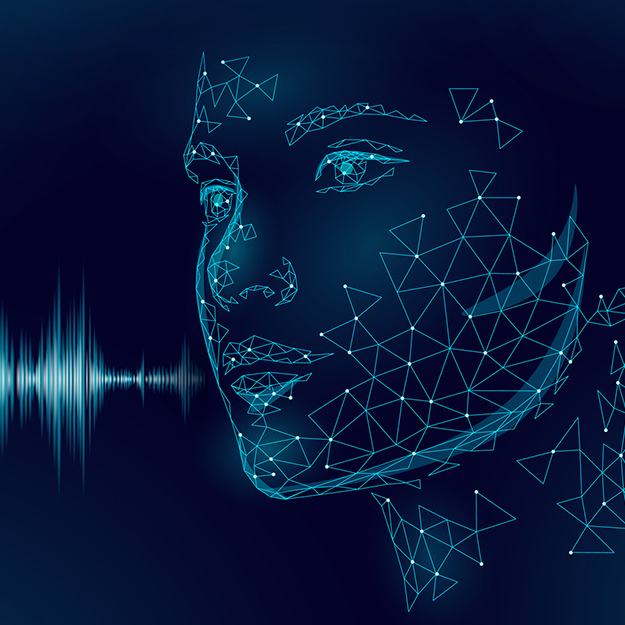 Dark blue background with linear AI bot with sound/speech waves coming from the lips