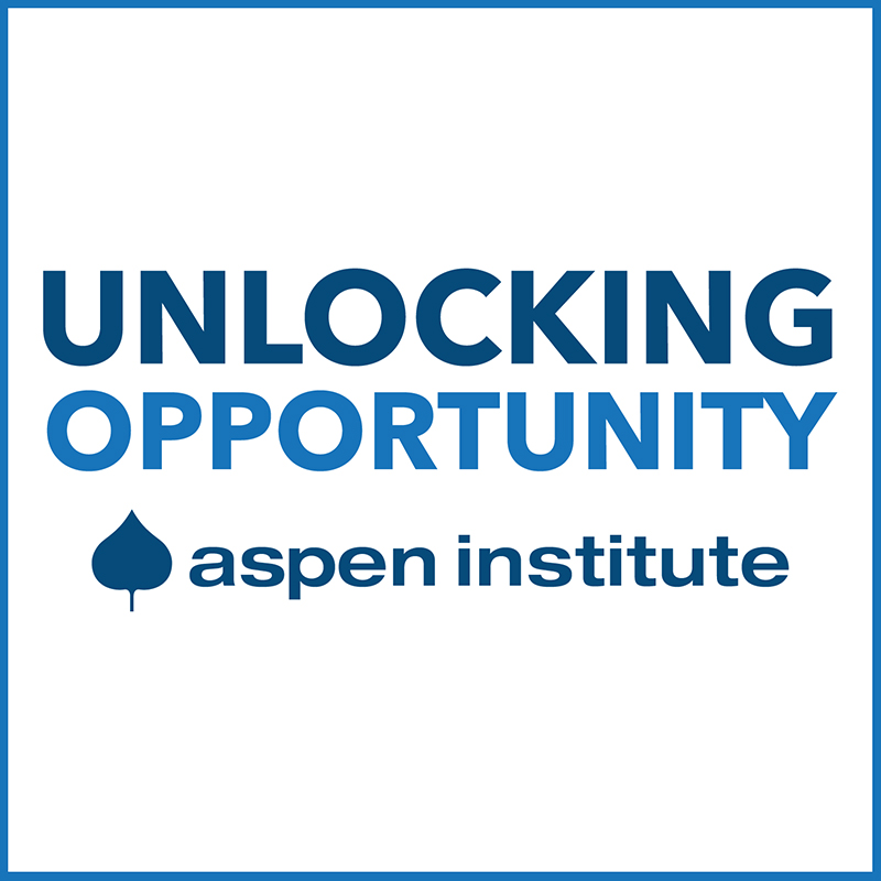 Logo with blue text that says Unlocking Opportunity, Aspen Institute