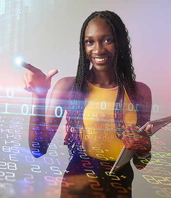 Thin black woman with long braids touches clear data screen in front of her illuminating finger