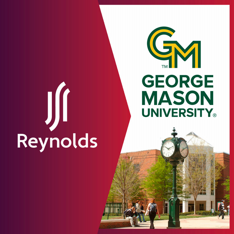 An image featuring the logos of Reynolds Community College and George Mason University, split diagonally.  The left side has a maroon background with the white Reynolds logo and name. The right side has a white background featuring the green and gold George Mason University logo above a photo of students walking past a large outdoor clock on a sunny campus.