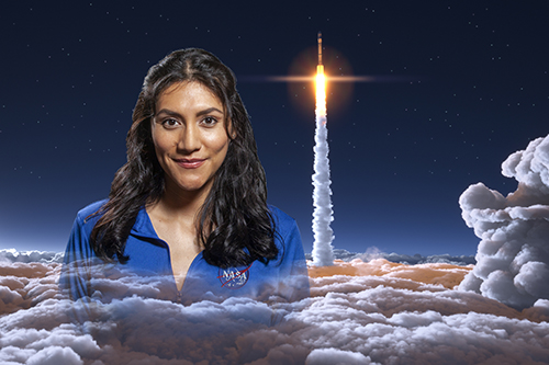 Johana Aguero wearing a blue NASA shirt against a background of  blue sky with a rocket blasting off into space