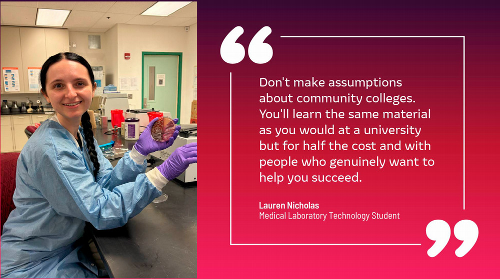 An image titled "Student Spotlight" featuring a medical laboratory technology student, Lauren Nicholas. On the left side of the image, Lauren, a young woman with a long dark braid, is smiling in a laboratory setting while wearing a blue lab coat and purple gloves, holding a petri dish. On the right side, set against a dark pink and purple gradient background, is a quote enclosed in large white quotation marks. The quote reads: "Don't make assumptions about community colleges. You'll learn the same material as you would at a university but for half the cost and with people who genuinely want to help you succeed." Below the quote, it identifies her as "Lauren