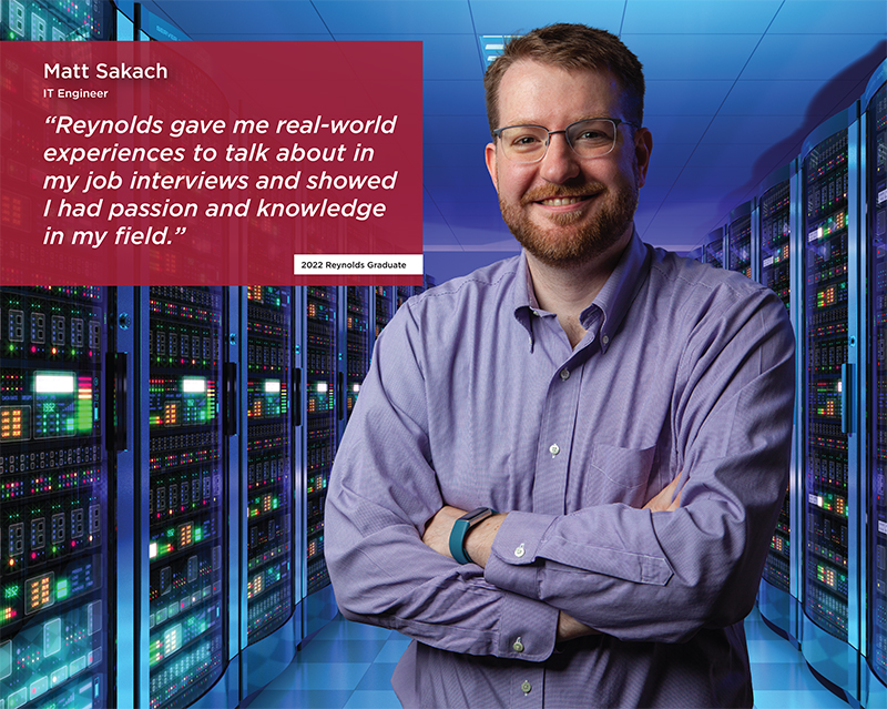 Matt Sakach stands in IT Engineering space with data center databases and lights in background