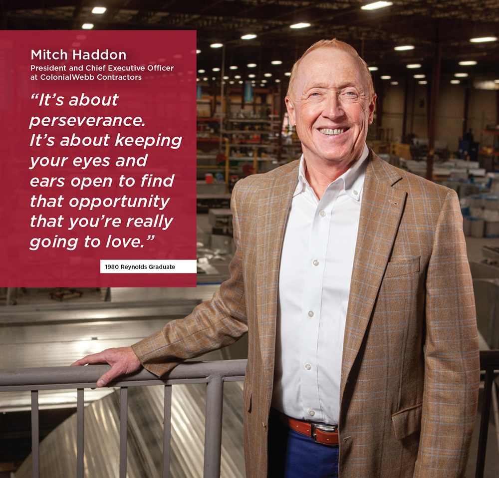 Mitch Haddon, older man with a big smile, stands overlooking the HVAC warehouse of the company where he is the CEO. There is a quote of his on a red background - “It's about perseverance. It's about keeping your eyes open and ears open to find that opportunity that you're really going to love.”