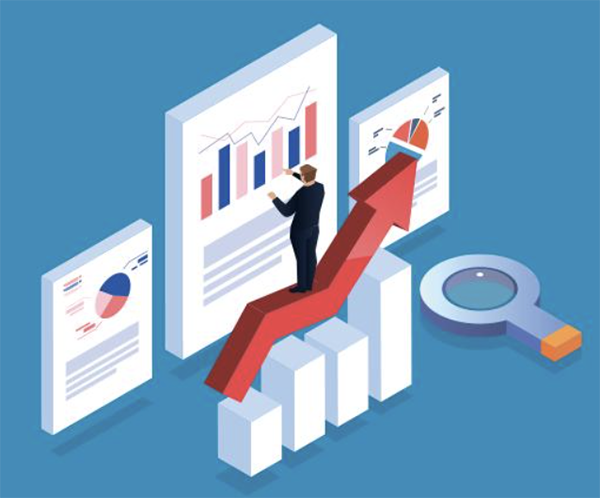 Pie charts and bar graphs in an upward trend with tiny man standing on red upward arrow, reading graph on teal background