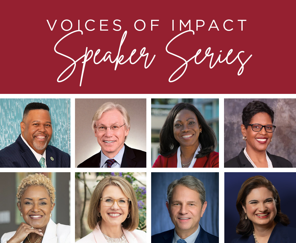 Voices of Impact: Speaker Series - white text on red background with eight photos of speakers below