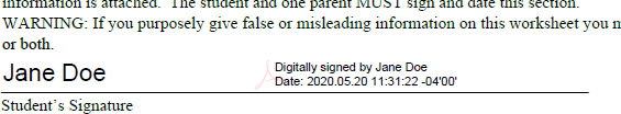 Completed student signature field showing a digital signature applied to the PDF