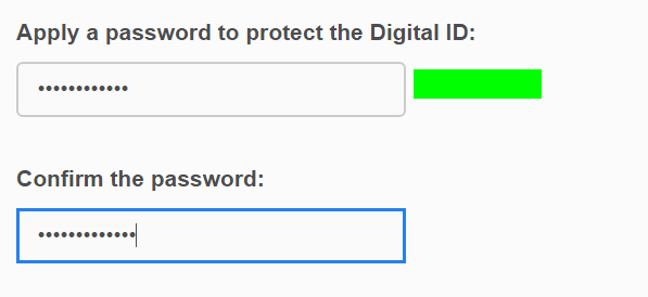 Adobe Acrobat fields for creating and confirming a password to protect the Digital ID