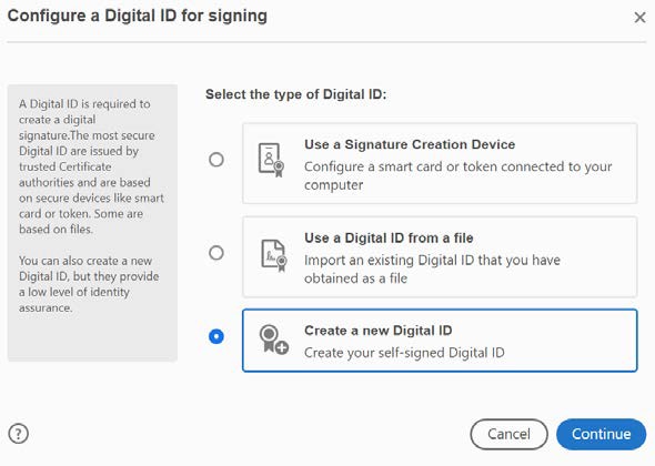 Adobe Acrobat dialog with Create a new Digital ID selected and the Continue button available