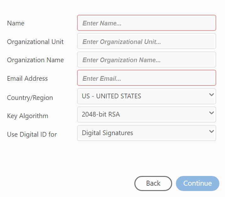 Adobe Acrobat Digital ID form with fields for name, email address, organization, and country or region