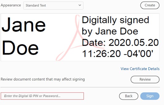 Adobe Acrobat digital signature preview with a field to enter the Digital ID password before selecting Sign