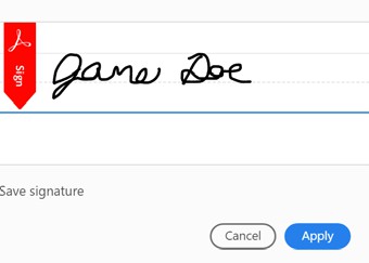 Drawn signature displayed in Adobe Acrobat with the Apply button available