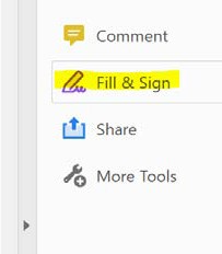 Adobe Acrobat sidebar with the Fill and Sign option highlighted