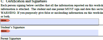 Student and parent signature fields displayed in the PDF form