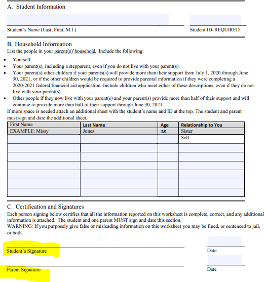Financial Aid form displayed in Google Chrome without a signature field