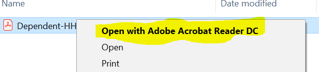Right-click menu with Open with Adobe Acrobat Reader DC highlighted