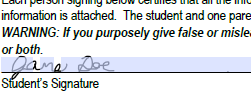 Drawn signature positioned on the student signature line in the PDF