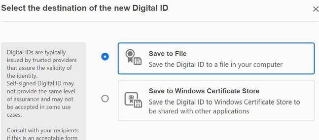 Adobe Acrobat dialog with Save to File selected as the destination for the new Digital ID