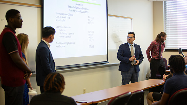 Students giving a business presentation.
