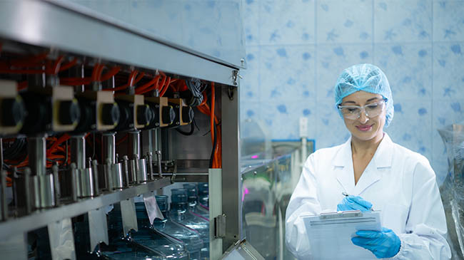 A woman in a lab coat holding a tablet in a sterilization lab.